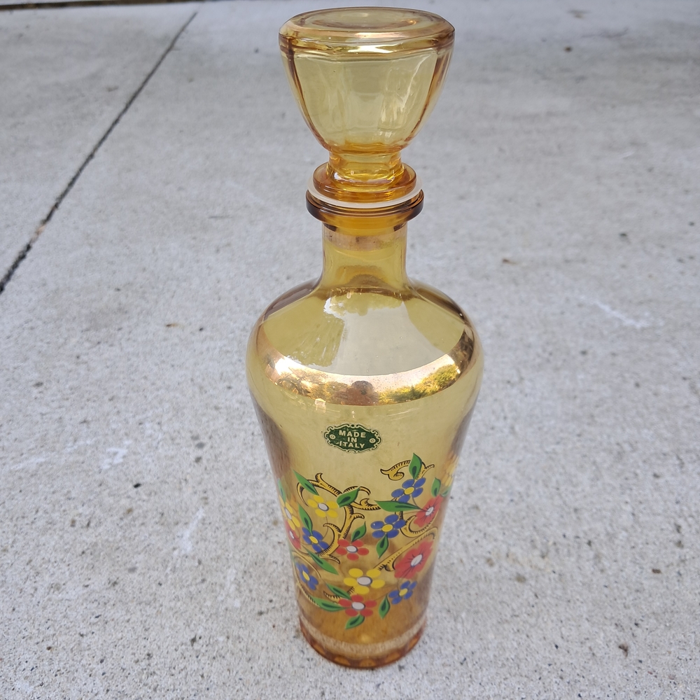 Vintage Italian Amber Glass Decanter w/ Stopper Hand Painted Floral Design